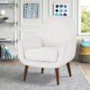 Accera Mid-Century Sea Oat Cream Velvet Arm Chair with Brown Solid Wood Legs