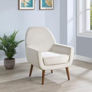 Accera Mid-Century Sea Oat Cream Velvet Arm Chair with Brown Solid Wood Legs